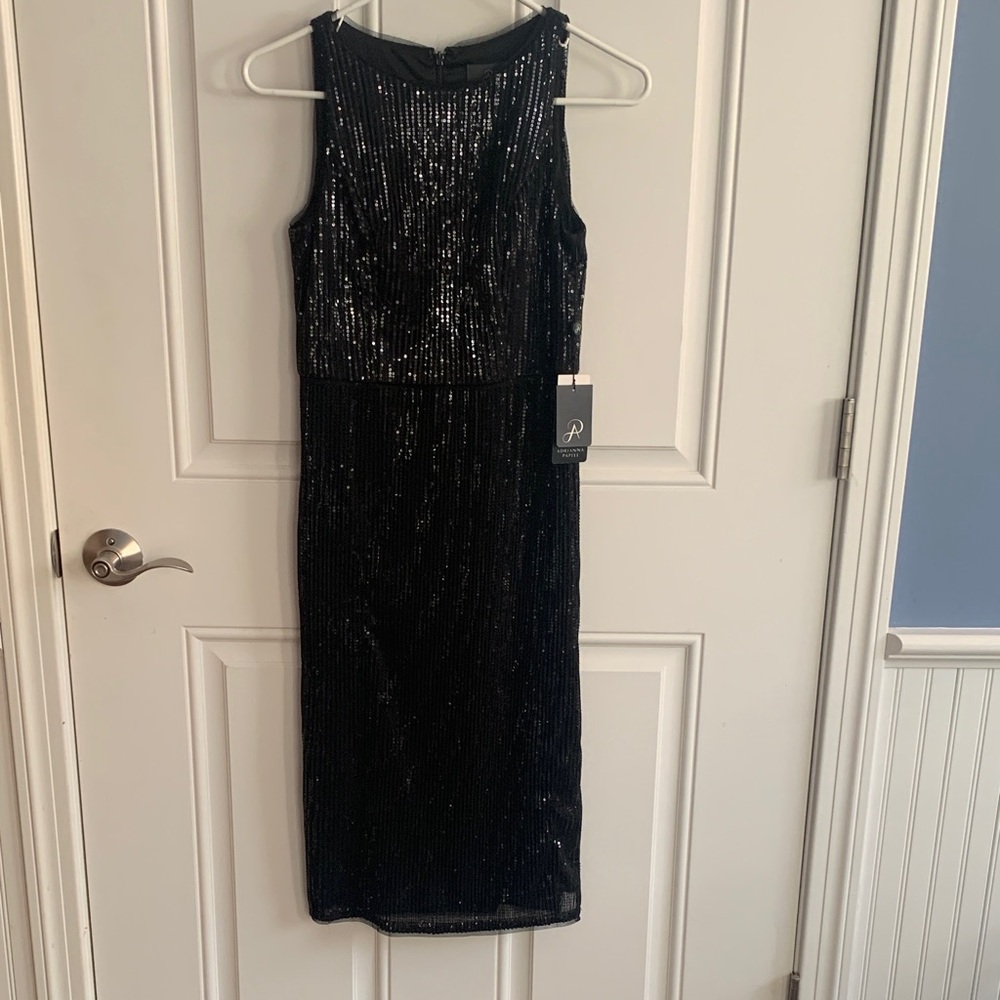 Adrianna Papell Shimmering Black Midi Dress